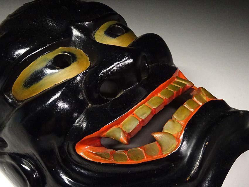 緑屋xt□ 時代物 木彫 面 正直 作 能面 神楽面 i9/8-6526/7-2#80(東洋