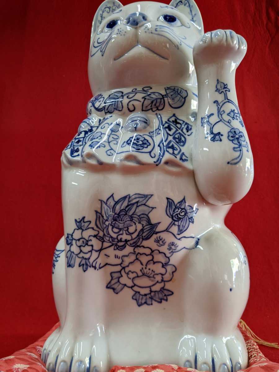 招き猫 伊万里焼 瀬戸焼 染付 高48cm 重4.3kg 商売繁盛 千客万来 招福