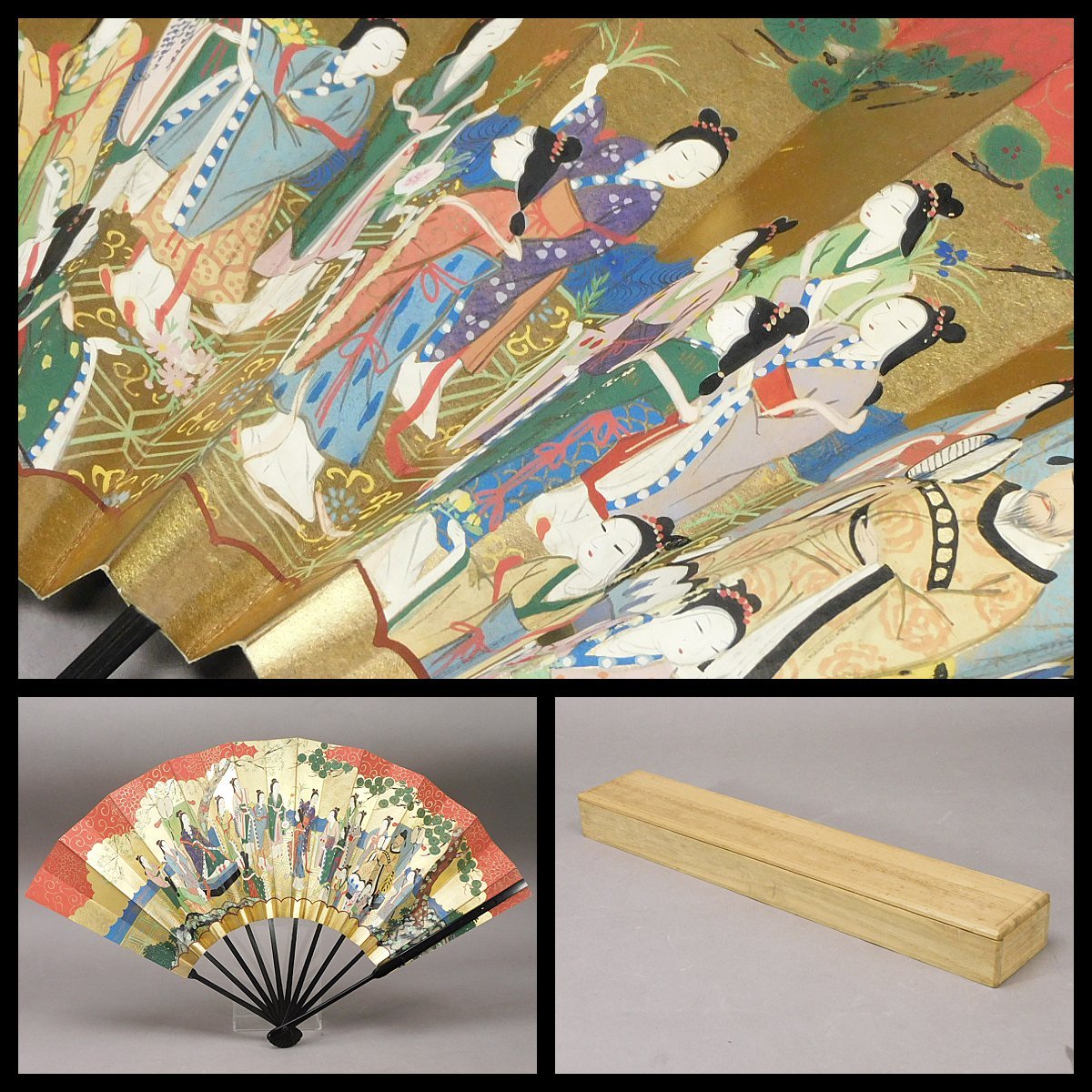 8 舞扇 観世流 能楽御舞扇子司 十松屋福井謹製　豪華 金箔 記念品 福井十松屋 謡曲 御舞扇子司 家元御用 金地に赤青 朱妻花戦花車図(専用