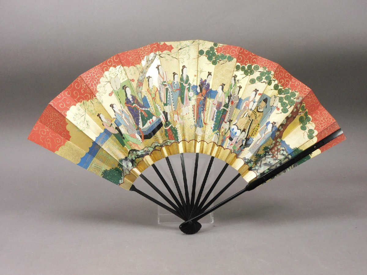 8 舞扇 観世流 能楽御舞扇子司 十松屋福井謹製　豪華 金箔 記念品 福井十松屋 謡曲 御舞扇子司 家元御用 金地に赤青 朱妻花戦花車図(専用