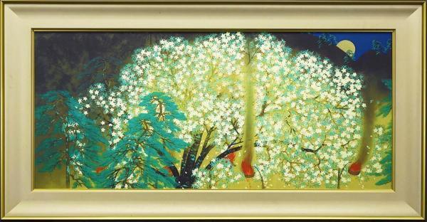 真作】【WISH】横山大観「夜桜」工芸画(岩絵の具方式) 約40号 大作 二
