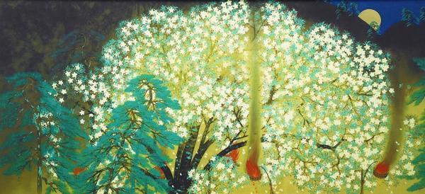 真作】【WISH】横山大観「夜桜」工芸画(岩絵の具方式) 約40号 大作 二