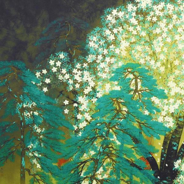 真作】【WISH】横山大観「夜桜」工芸画(岩絵の具方式) 約40号 大作 二