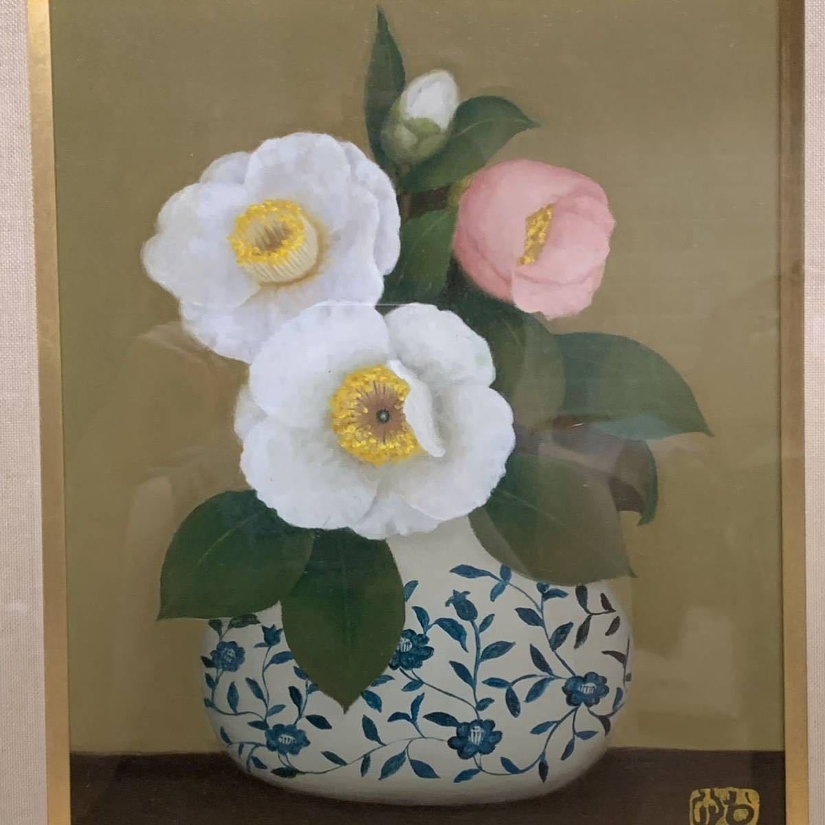 1円~【真作】黒田悦子 油彩画 山茶唐草椿 椿 油絵 大調和会運営委員