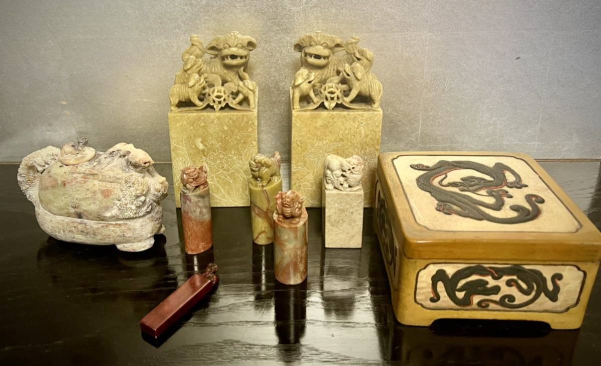 中国　天然石彫刻水滴・陶器龍文朱肉器・印材７点　計９点　纏めて 