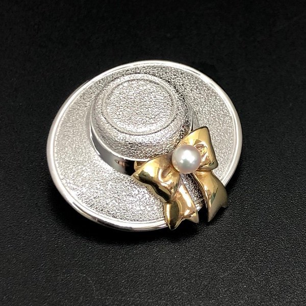 美品 MIKIMOTO パール リボン 帽子モチーフ ブローチ K18×シルバー M