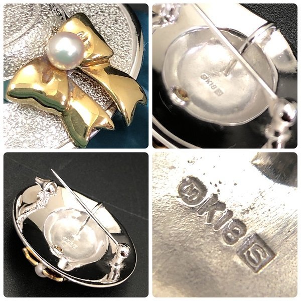 美品 MIKIMOTO パール リボン 帽子モチーフ ブローチ K18×シルバー M