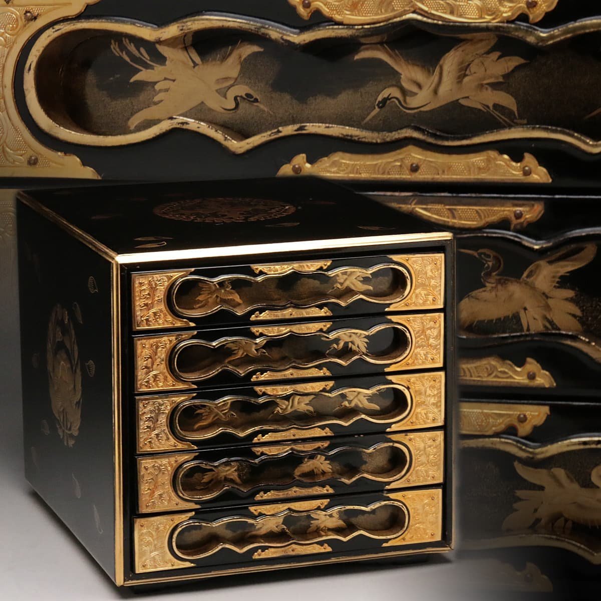 舞鶴模様蒔絵 銚子 1対 時代物 懐石道具 金彩 骨董品 蔵出し 美術品