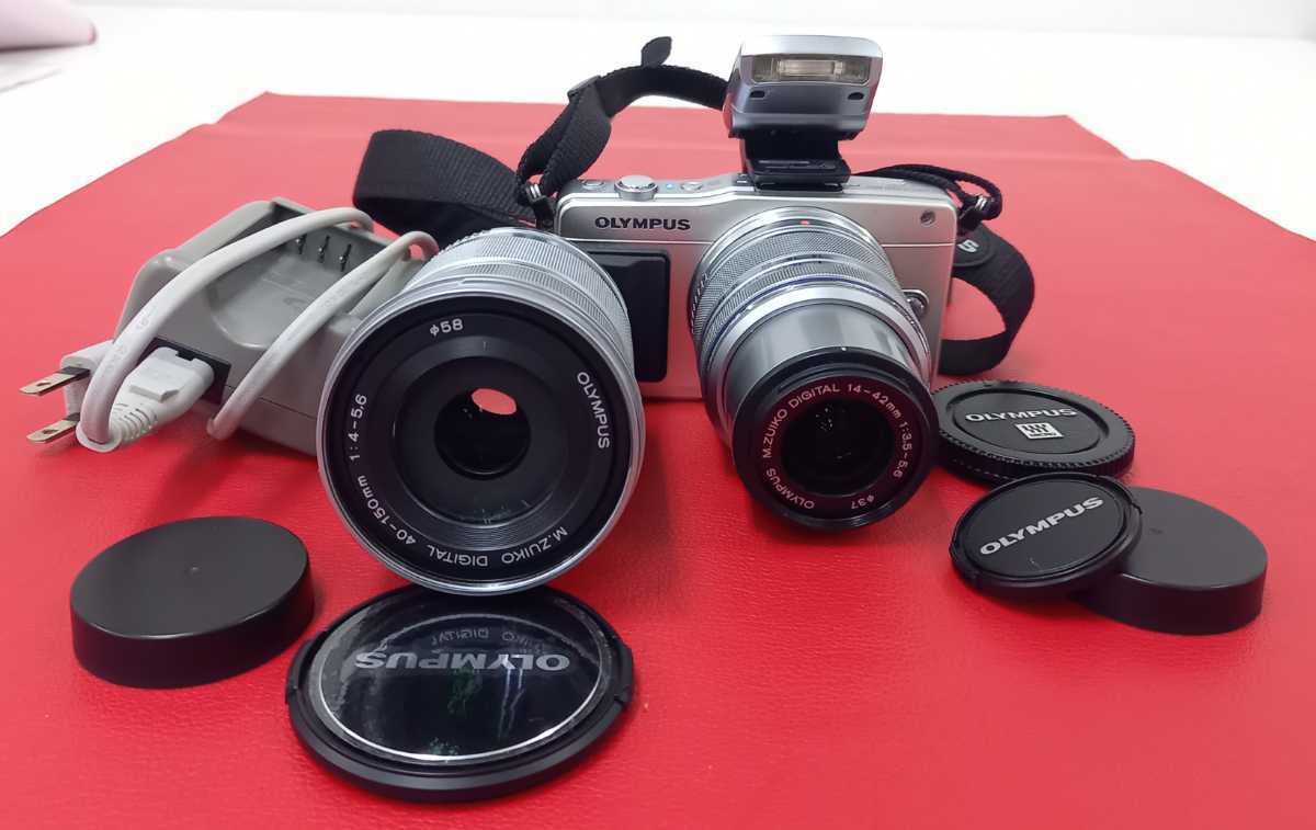 □A OLYMPUS E-PM2 ダブルズームキット シルバー M.ZUIKO DIGITAL 14