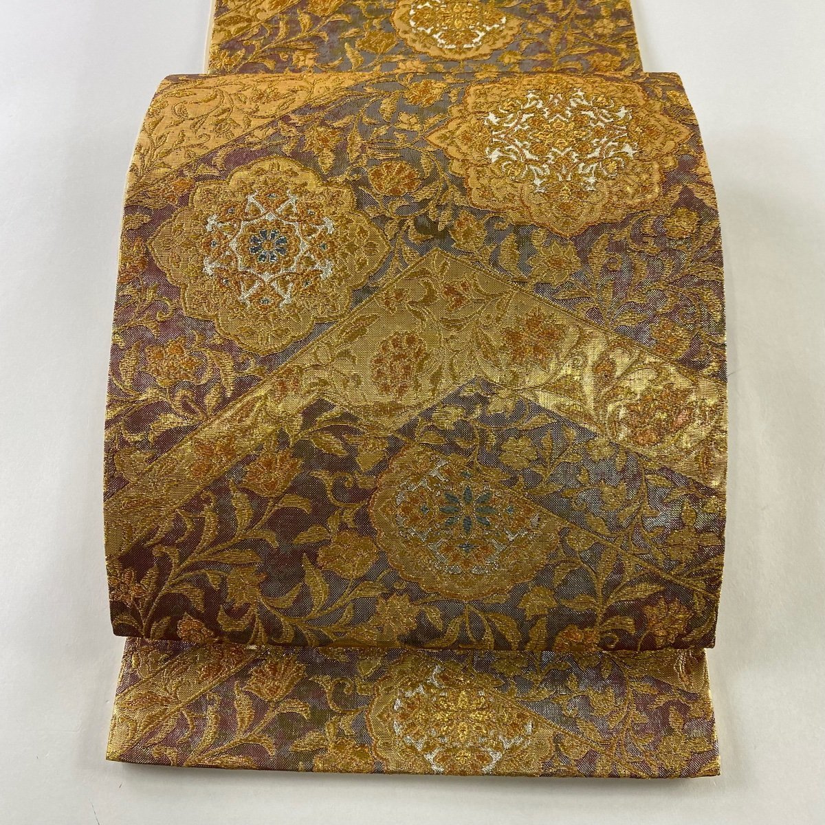 競ナビ】袋帯 美品 秀品 華文 鳥 箔 金糸 金色 六通 正絹 【中古】