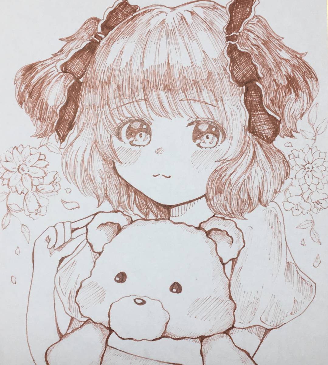手描きイラスト オリジナル 「くまちゃんと女の子」 ミニ色紙(手描き