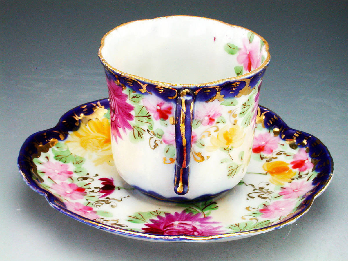 初期オールドニッポン銘品!! オールドニッポン・金彩陽刻藍縁菊花図紋