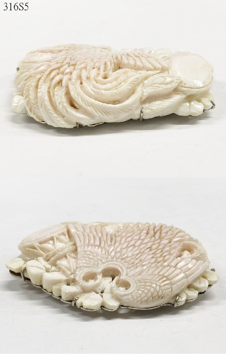 a*i様 帯留め‥白珊瑚 ☆白珊瑚 サンゴ 珊瑚 帯留め 約57.8g 約67×45×13.5mm 彫刻 鳳凰 太鼓