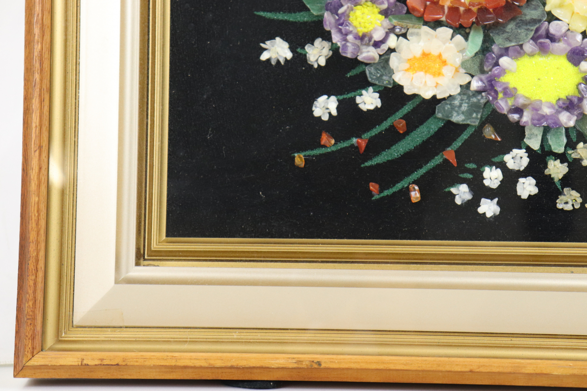 ストーンアート 宝石画 貴石画 石細工 花束 アジサイ 紫陽花 黄色 紫