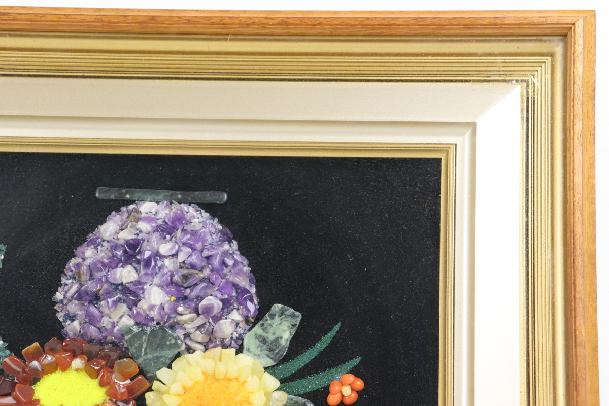 ストーンアート 宝石画 貴石画 石細工 花束 アジサイ 紫陽花 黄色 紫