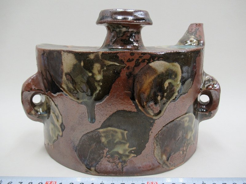 D1780 沖縄 鉄釉 点打 抱瓶 だちびん 酒器 壷屋焼 琉球焼 民芸