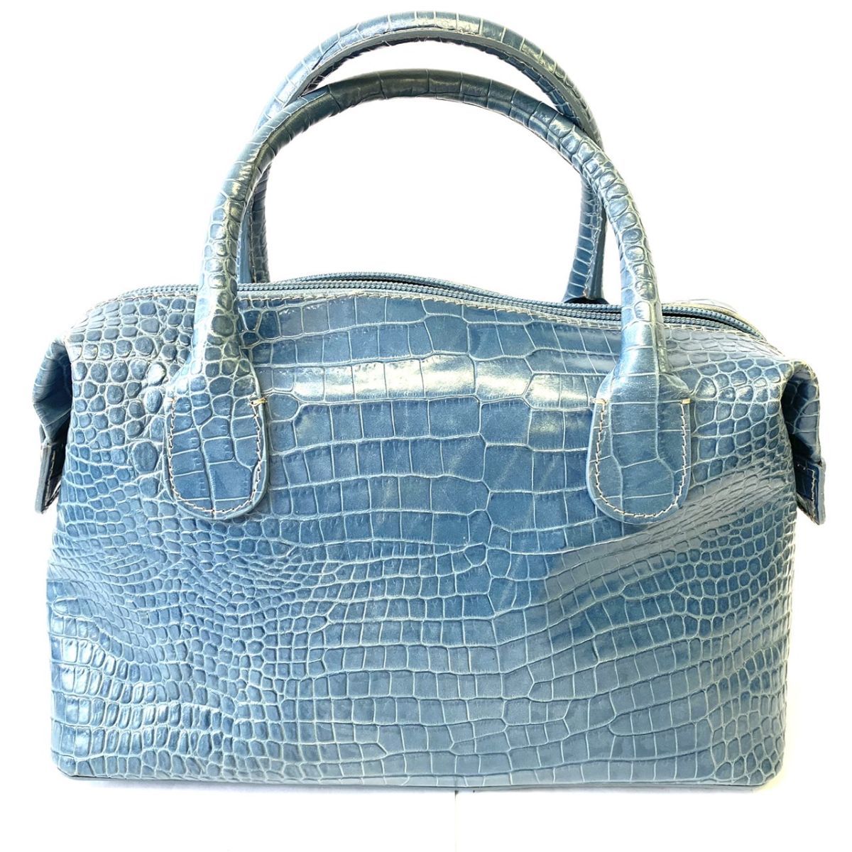 H801-A86-3 ハンドバッグ クロコダイル ターコイズブルー 2WAY Genuine leather ファスナー YKK レディース 約17×27×12×11cm ①