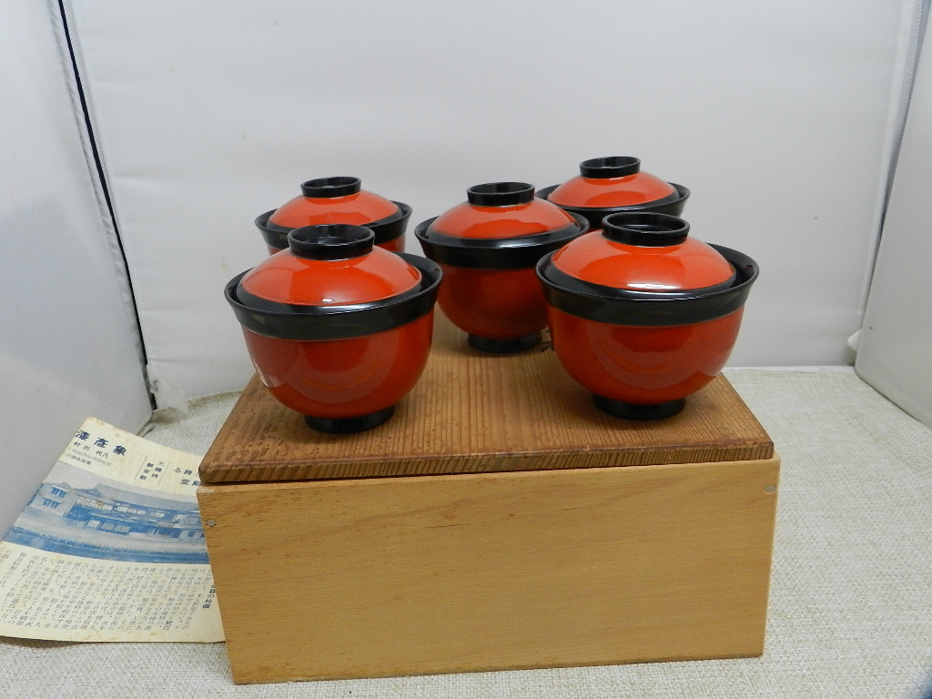 亀甲彫 御吸物椀×5客】天然木製 未使用/長期保管品 キッチン・食器