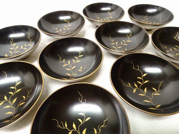 明治時代 黒巻絵 大根蕪蒔絵 吸物椀十客 漆器 木箱/検懐石道具/骨董古 