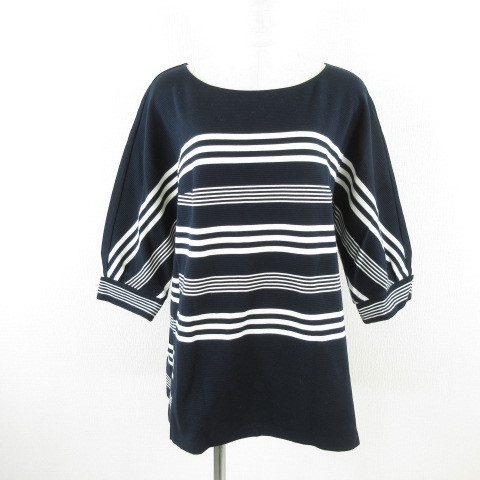 未使用品 トゥービーシック TO BE CHIC カットソー チュニック 七分袖 ボーダー 紺 白 40 *E689 レディース