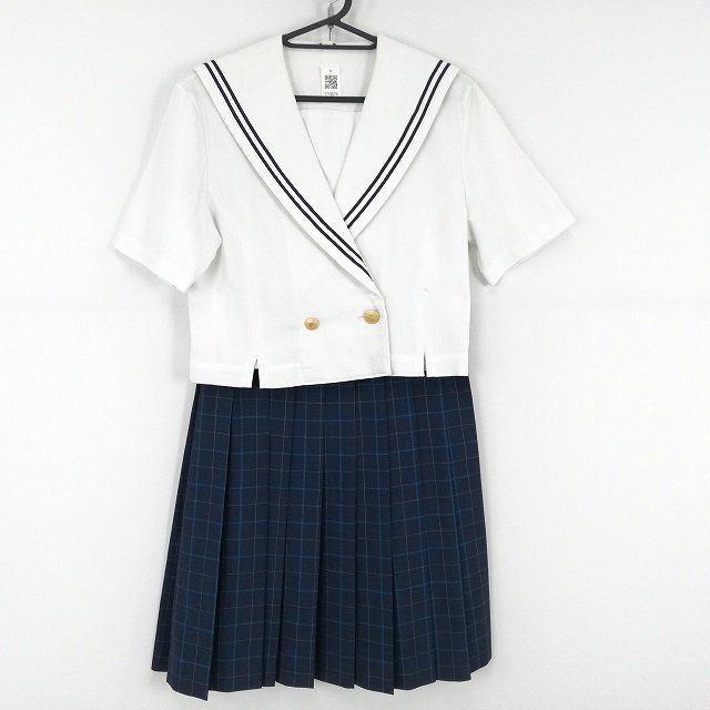 1円 セーラー服 チェックスカート 上下2点セット 夏物 半袖 青1本線