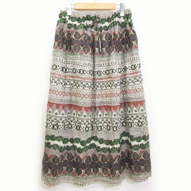 未使用品 プランテーション plantation タグ付 ロングスカート 麻混 リネン混 ボタニカル柄 ボーダー 生成り オレンジ 緑 M 0330