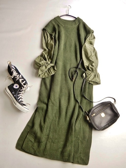 未使用♪フィフス fifth 大人可愛い異素材スリーブ切替マキシ丈ロング