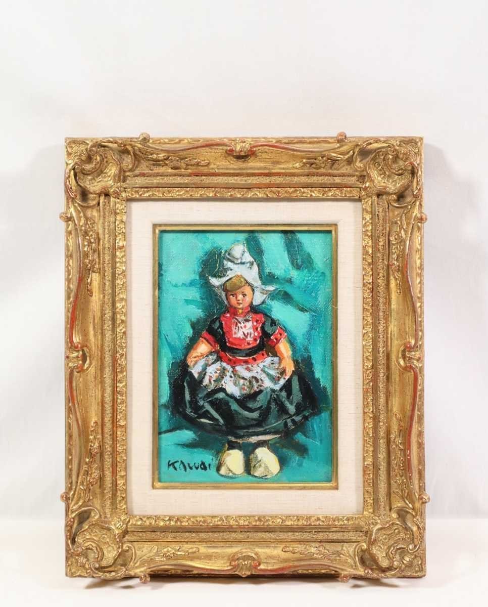 真作 河井達海 油彩「オランダ人形」画寸 SM 岡山県出身 東光会委員 大阪学芸大教授 斉藤与里に師事 堅牢なマチエール可愛らしい表情 6363