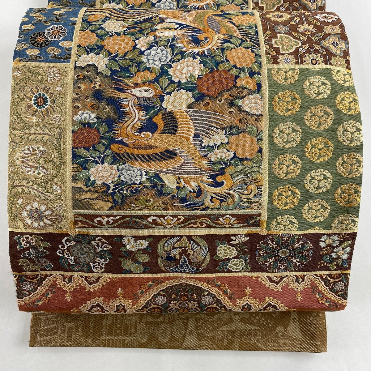 【競ナビ】袋帯 美品 秀品 関西仕立て 鳥 草花 金糸 茶色 六通 正絹 【中古】 袋帯 六通 草花 クリーム 花鳥欄間文 金彩