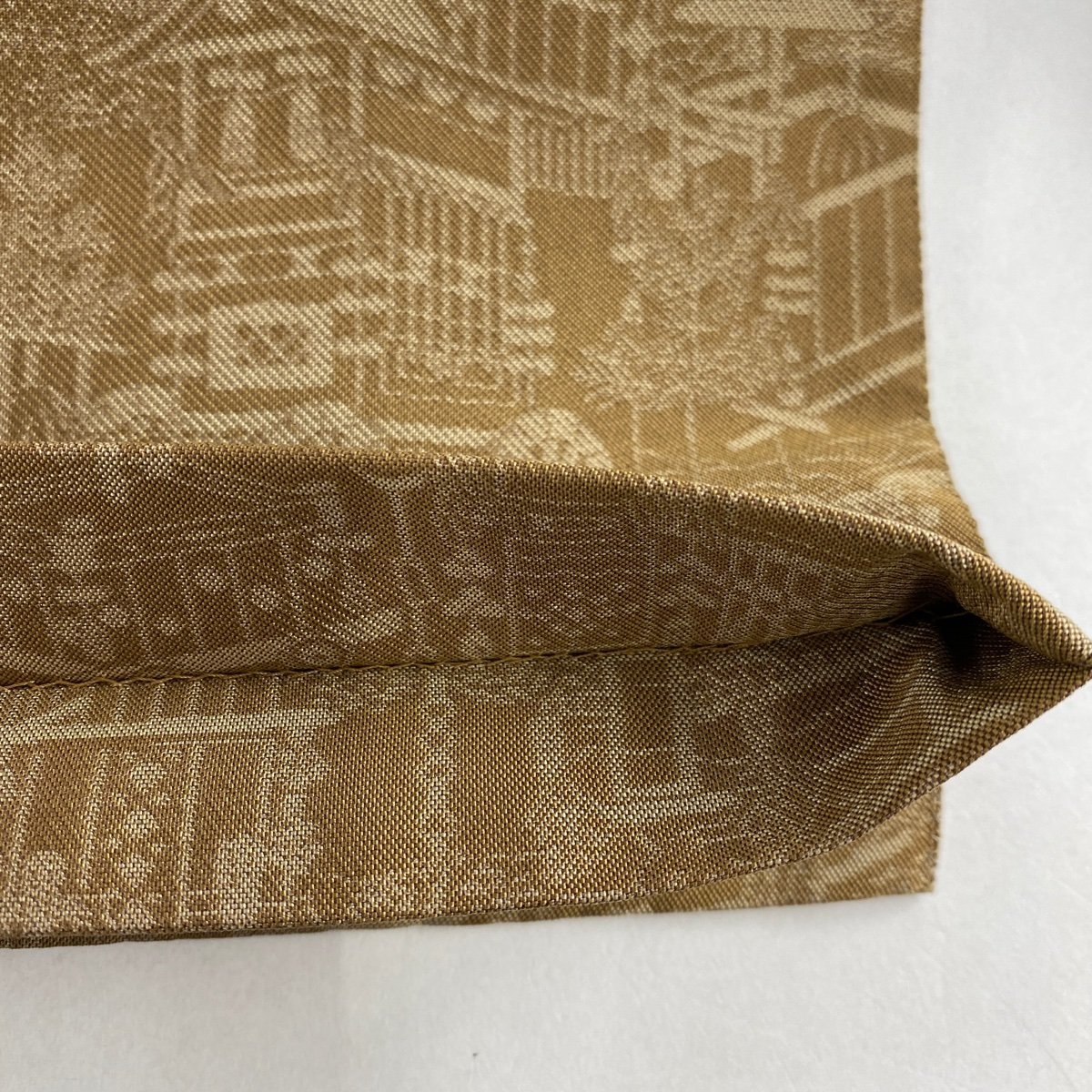 【競ナビ】袋帯 美品 秀品 関西仕立て 鳥 草花 金糸 茶色 六通 正絹 【中古】 袋帯 六通 草花 クリーム 花鳥欄間文 金彩