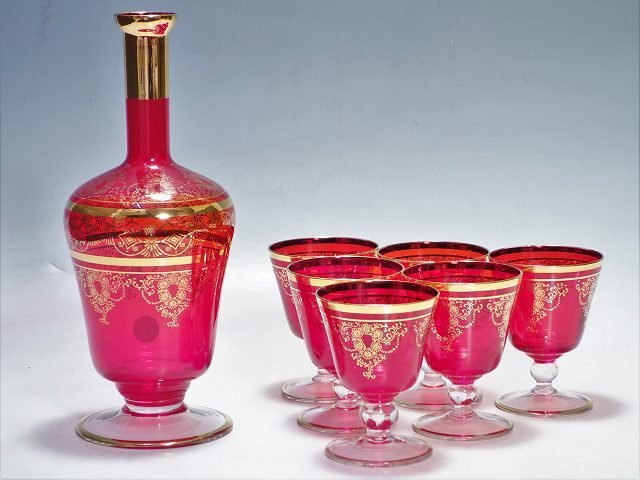 Murano Glass 赤金 デキャンタとグラスセット ベネチアングラス/赤色
