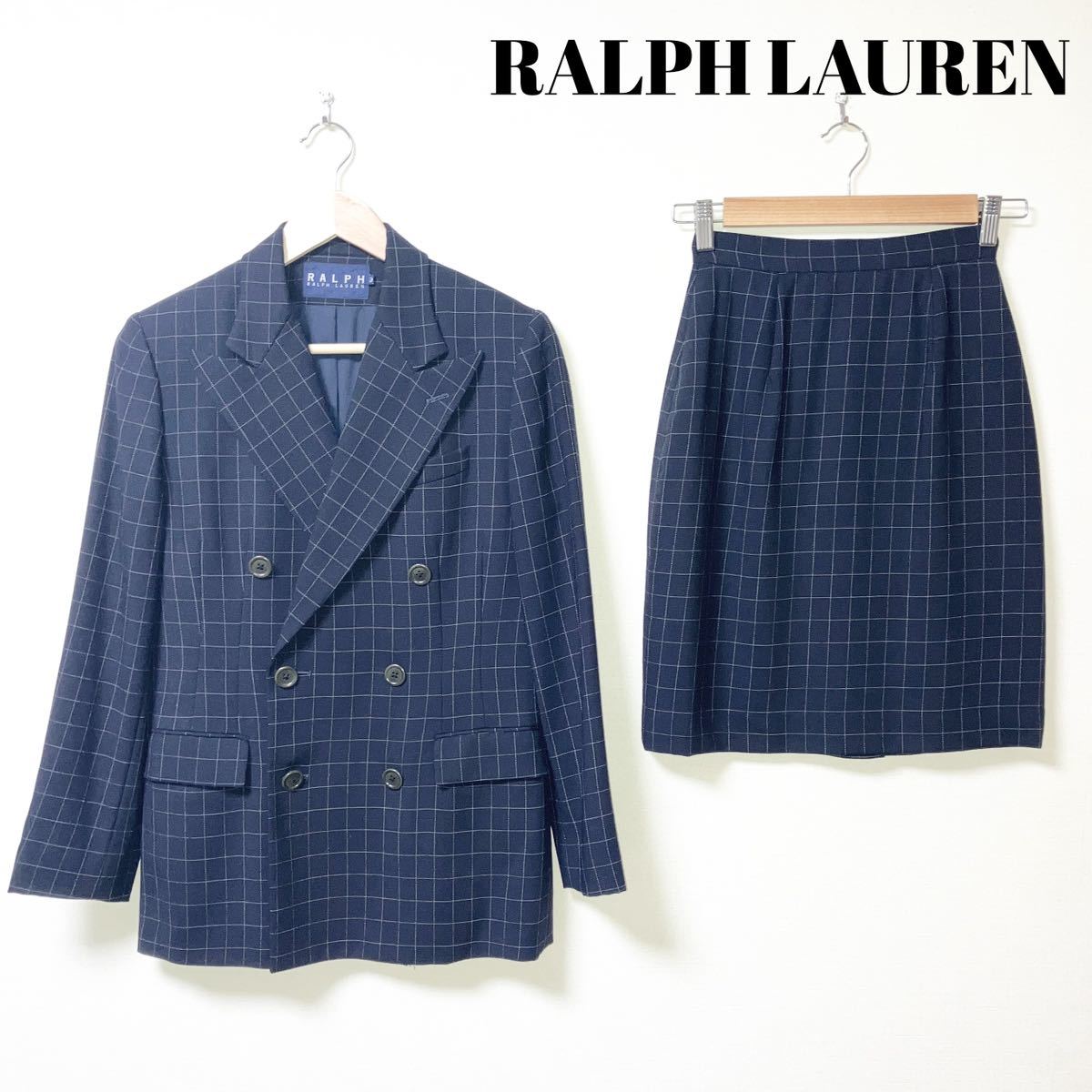 美品 RALPH LAUREN ラルフローレン スカートセットアップスーツ ネイビー 紺 チェック ウール