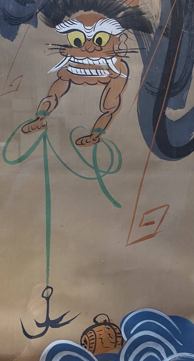 肉筆絵画額『大津絵「雷公の太鼓釣り」(額：40×86㎝)』真作 天一美術館