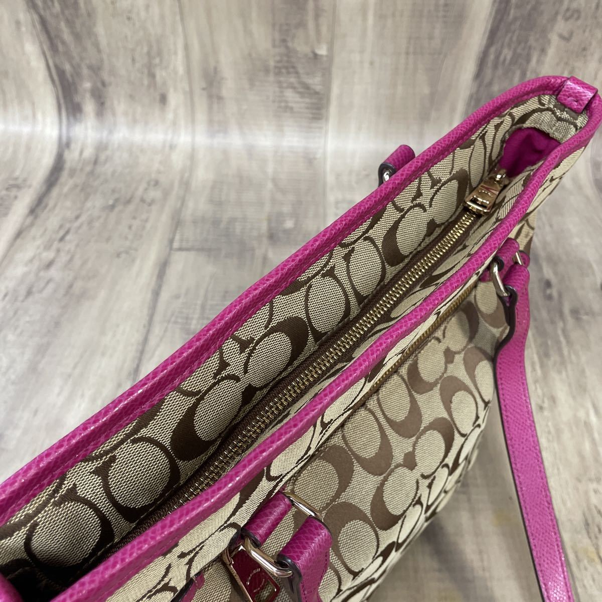 良品】 COACH コーチ シグネチャー トートバッグ キャンバス × レザー 