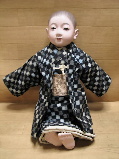 68. 古い 市松人形 日本人形 作者不明 男の子 全長約46㎝ 着物 木綿 絹