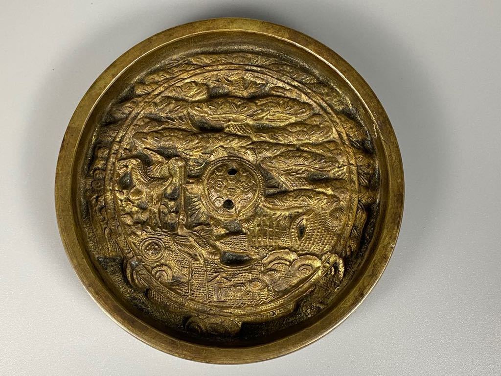 B0337時代物 古鏡 蓬莱鏡 黄銅 和鏡 亀鈕松鶴図鏡 古銅鏡 中国美術 古