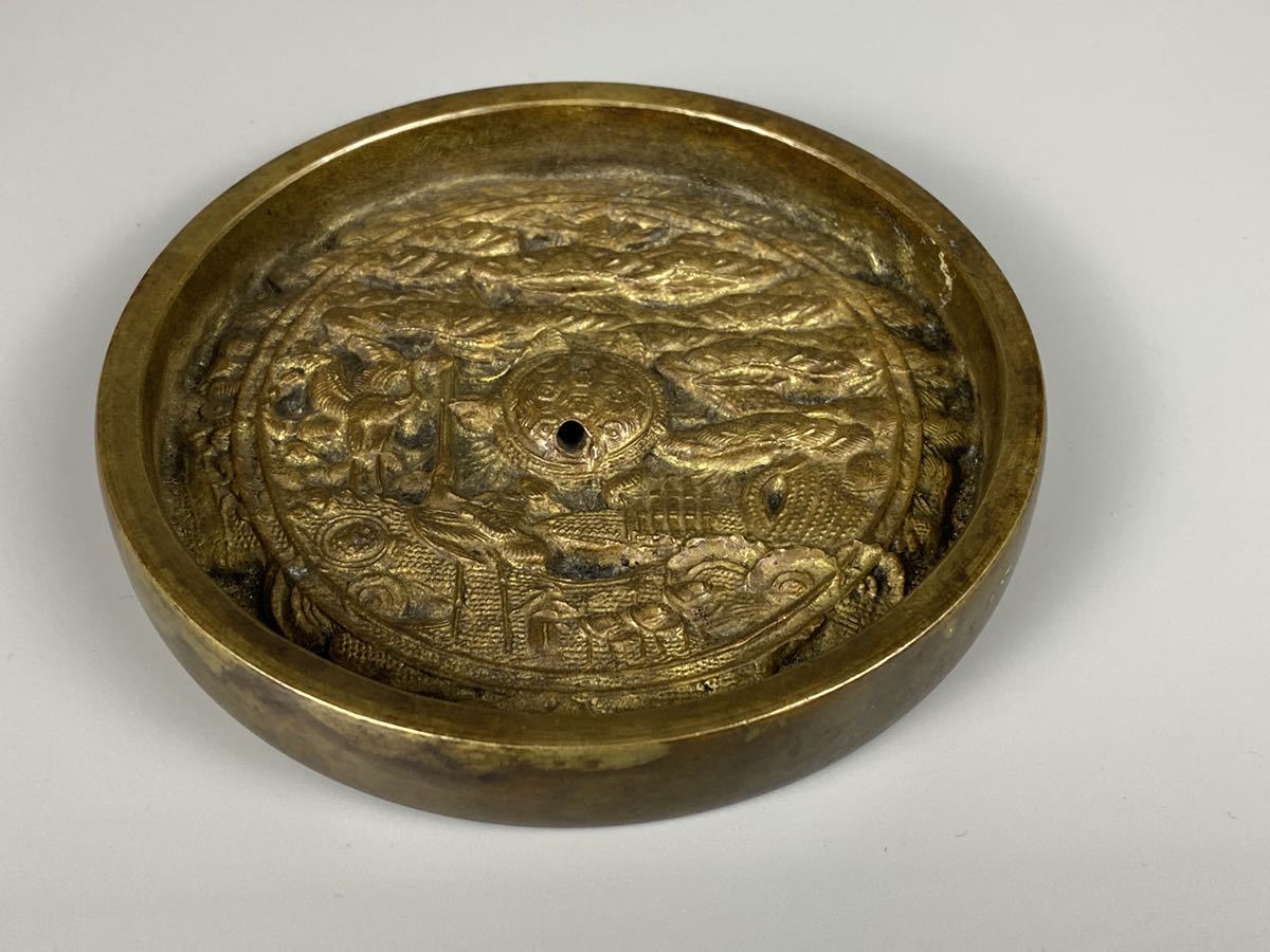 B0337時代物 古鏡 蓬莱鏡 黄銅 和鏡 亀鈕松鶴図鏡 古銅鏡 中国美術 古