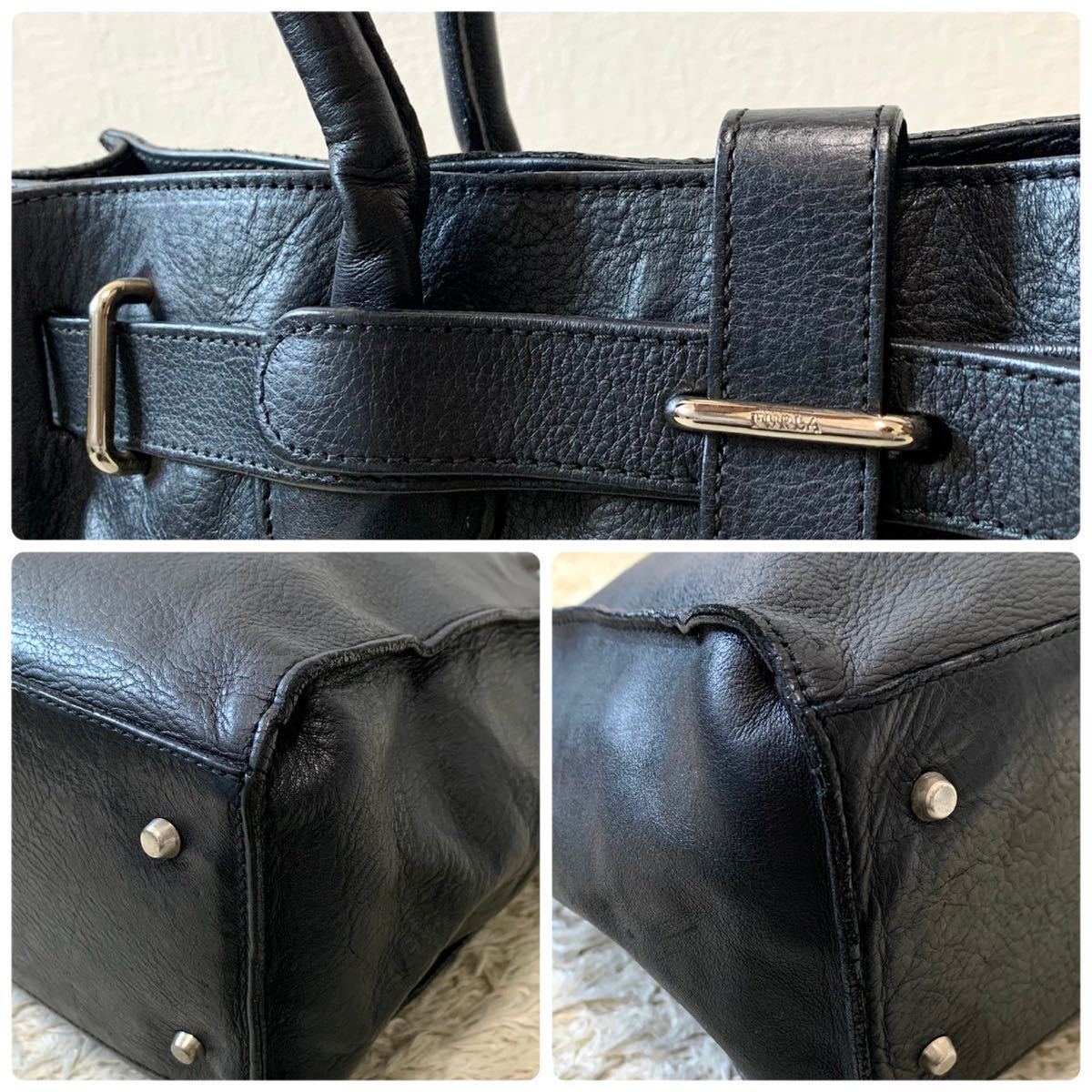 1円〜 FURLA フルラ ビジネスバッグ オールレザー ロゴ 型押し 黒 