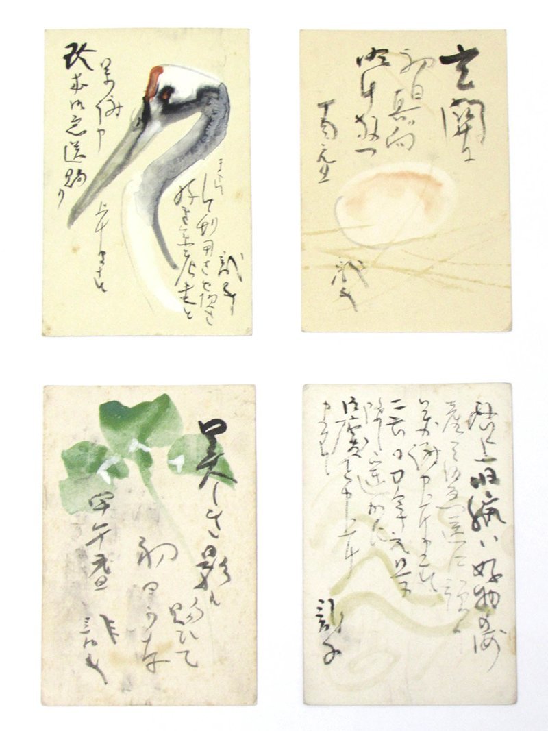 【夕顔に虫図】川端皐白 2641 掛け軸　肉筆 GINZA絵画館】川端龍子 肉筆はがき「鶴」「シロツメクサ」ほか4点組