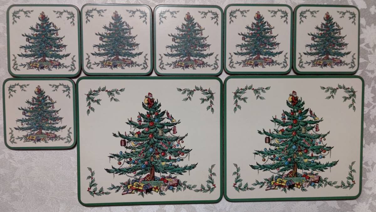 英国製　ピンパーネル　プレースマット（22×19.5㎝）2枚＆コースター（10.5×10.5㎝）6枚　クリスマスツリー、ヒイラギ、サンタクロース