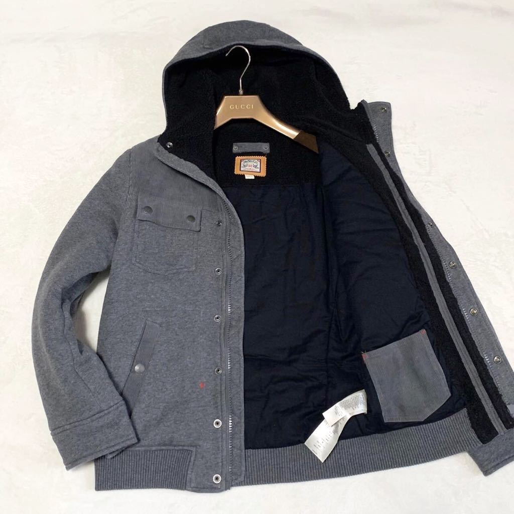 美品★ ディーゼル DIESEL 極暖☆ 肉厚 中綿入り ジップアップ パーカー ジャケット L ロゴプレート フード裏ボア 高級感 グレー メンズ