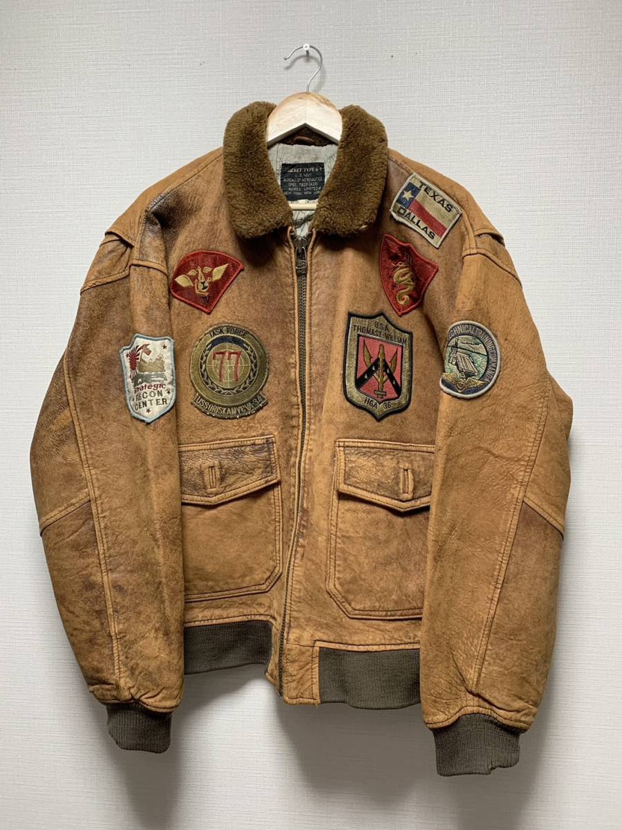 [90s AVIREX] G-1 TOPGUN 襟ムートン フルデコ フライトレザージャケット ライダース L ブラウン 90年代 トップガン アビレックス