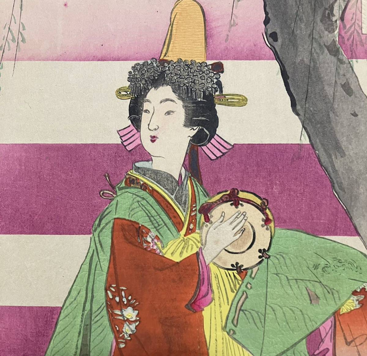真作/本物 明治期 尾形月耕「美人花競 春柳」浮世絵 木版画