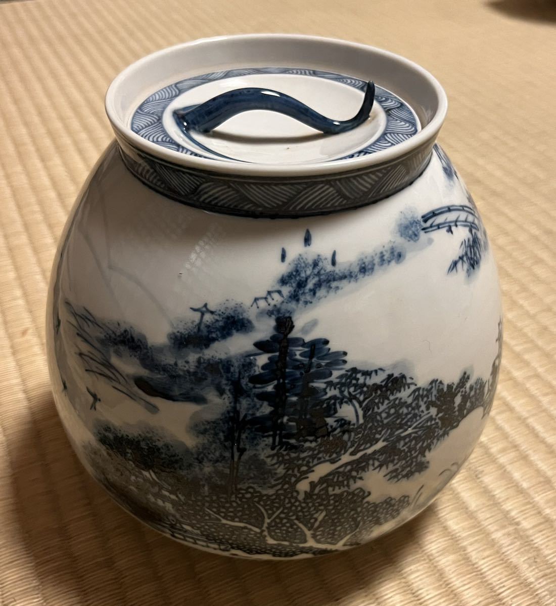 茶道具膳所焼 岩崎新定作 染付 近江八景絵 芋頭水指