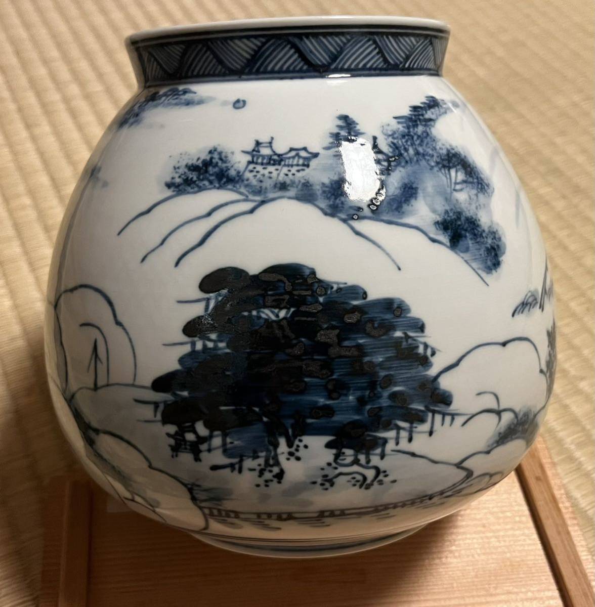 茶道具膳所焼 岩崎新定作 染付 近江八景絵 芋頭水指