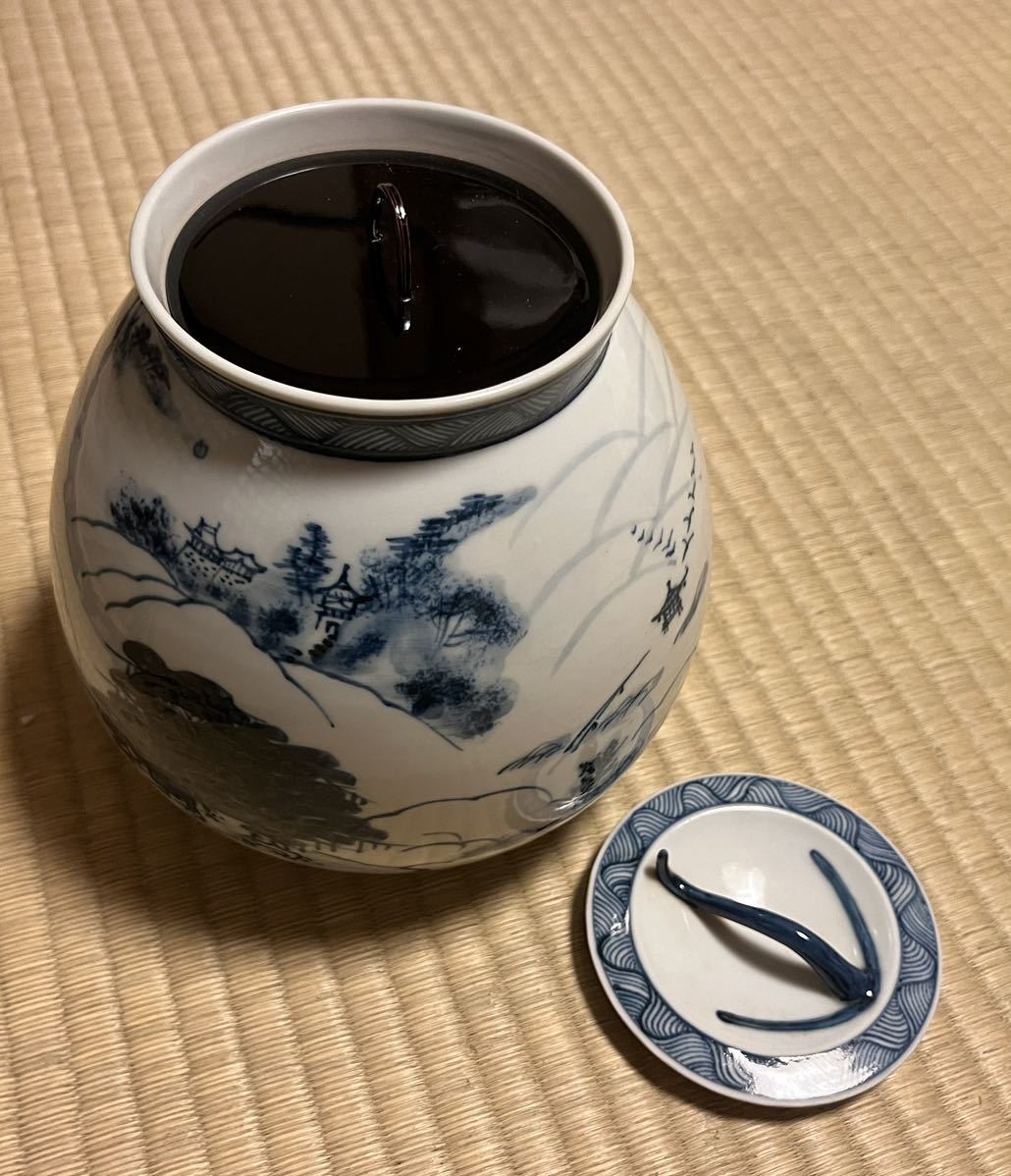 茶道具膳所焼 岩崎新定作 染付 近江八景絵 芋頭水指