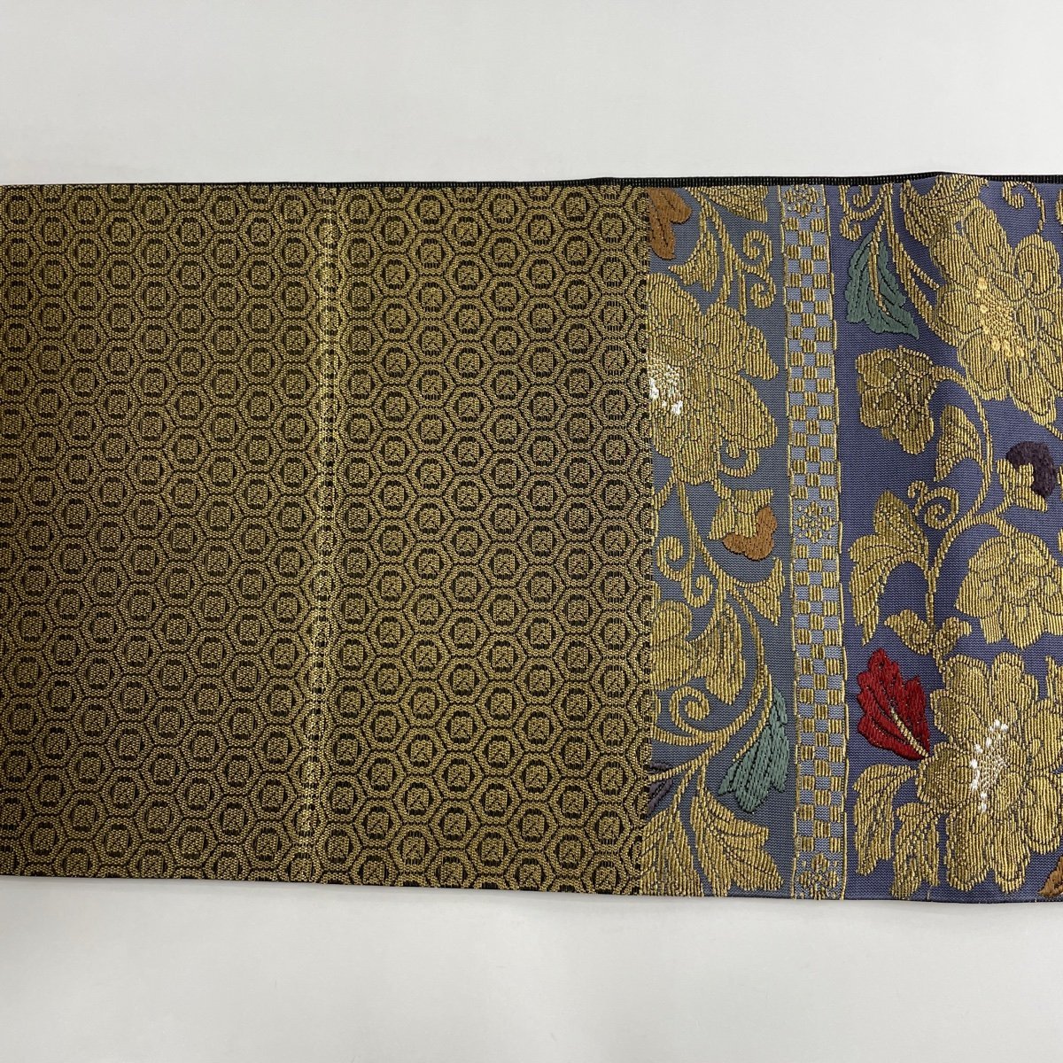 袋帯 美品 名品 花唐草 幾何学模様 金銀糸 灰紫 六通 正絹 【中古 