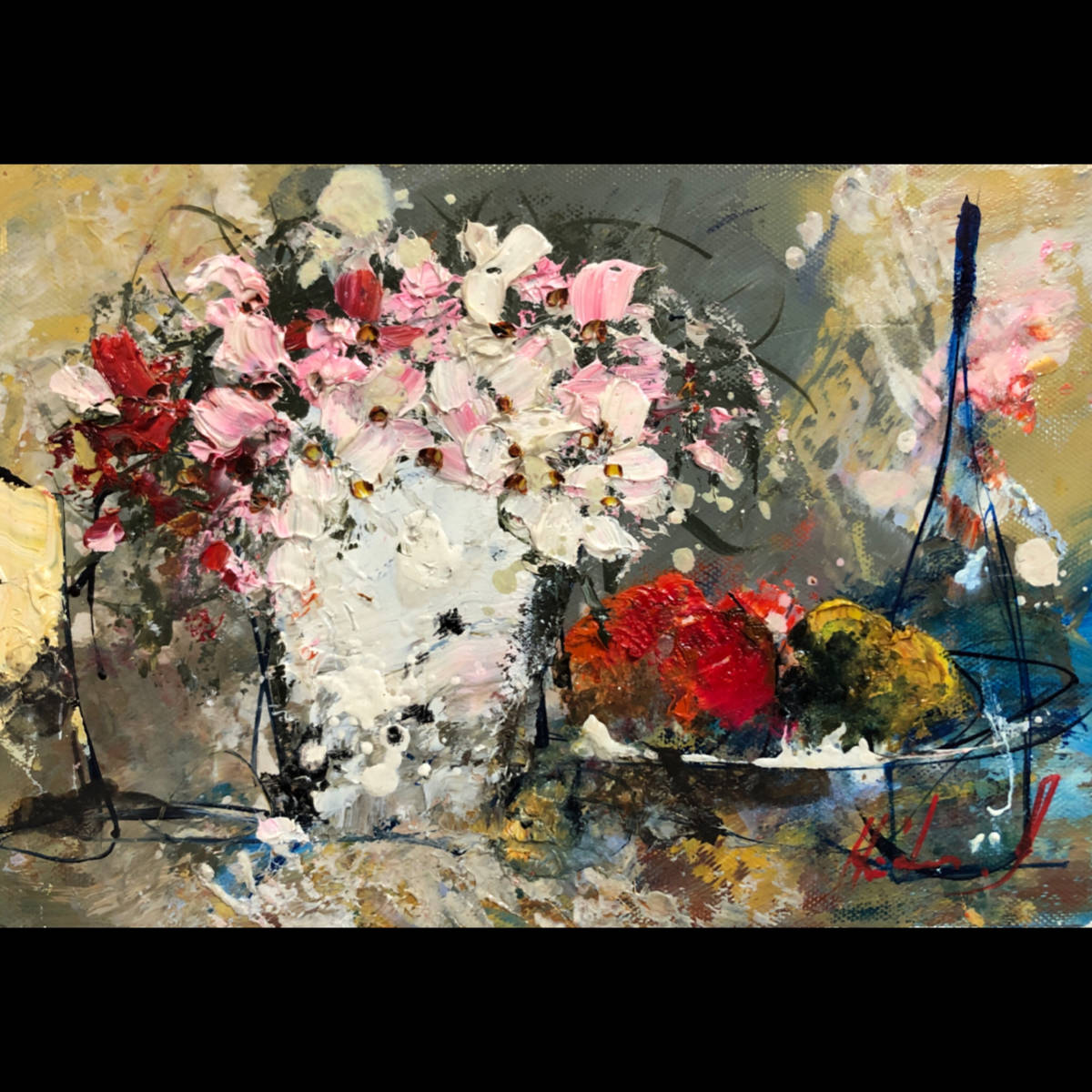ut5/57 油彩 池田 秀郎 作『花』（SM号）絵画 真筆 額付き 油絵 静物画