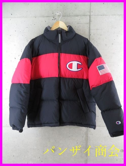 4110m98◆良品です◆最強ダウン◆Champion チャンピオン 星条旗 羽毛ダウンジャケット L/ブルゾン/ジャージ/アメカジ/メンズ/男性/紳士