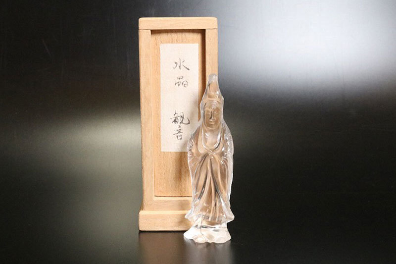 水晶 ◇木彫 ☆ 国内外の優れた - 観音様 彫刻 (木製台座付き) ◇